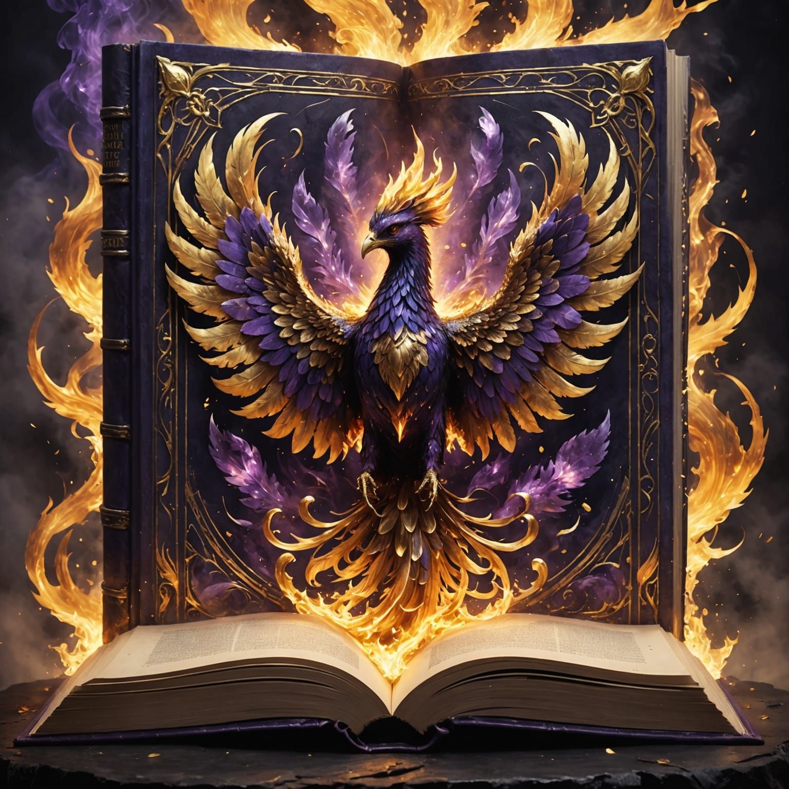 Phoenix of Gold and Amethyst Rises from Ancient Tome