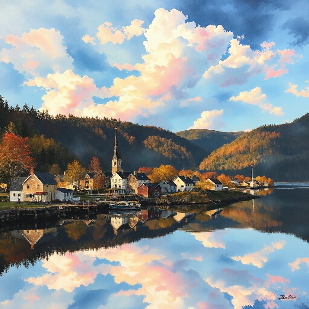 Dawn Lakeside Village in Abstract Expressionist Watercolor