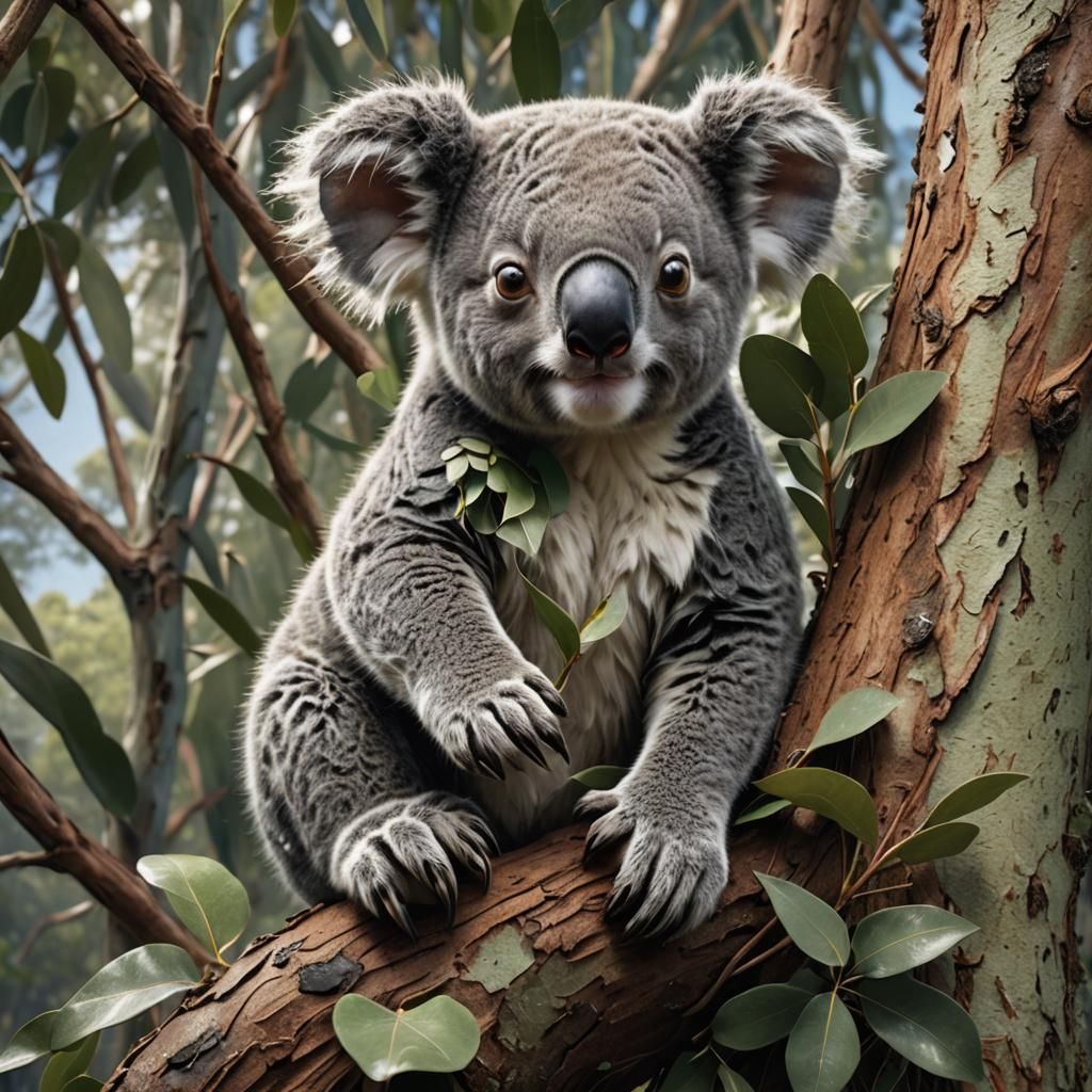 Fluffy Koala Climbs Eucalyptus Tree: Detailed Matte Painting