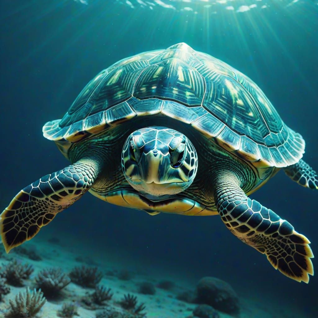 Bioluminescent Turtle Gliding Through Ocean Depths