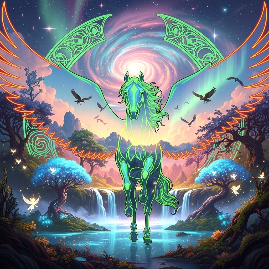 Neon Pegasus in Dreamlike Fantasy World, Mucha Style