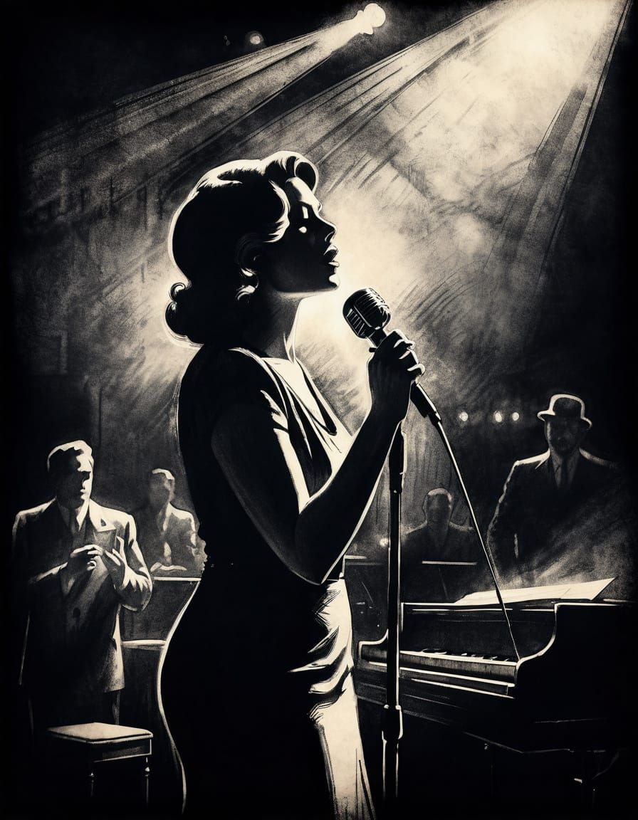 Vintage Charcoal Sketch of Cabaret Singer