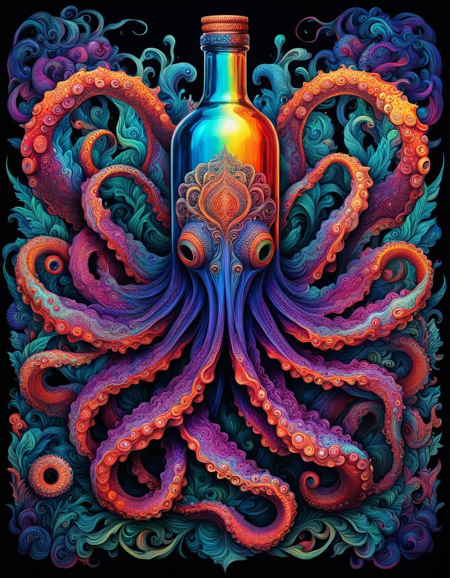 Psychedelic Octopus Bottle in Hyperdetailed Style