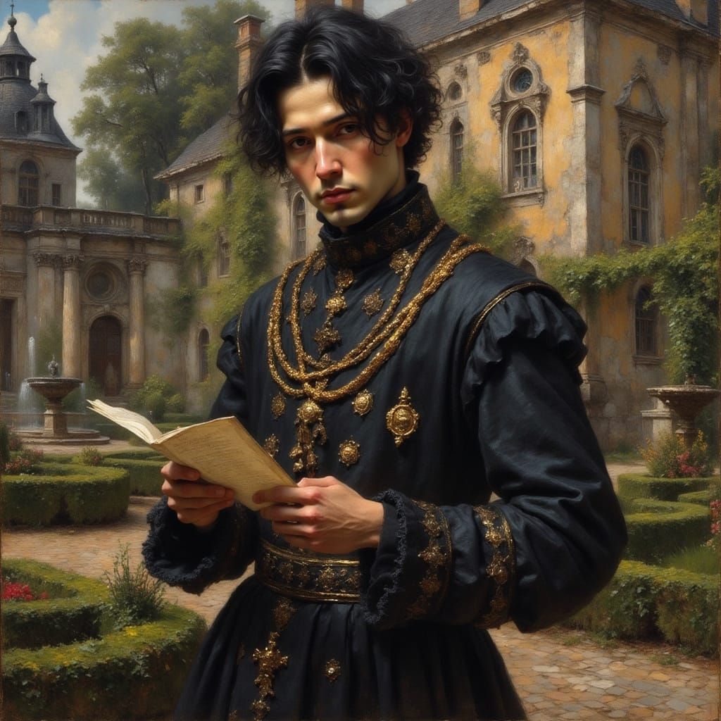 Renaissance Man Reads Letter in Garden, Oil Painting