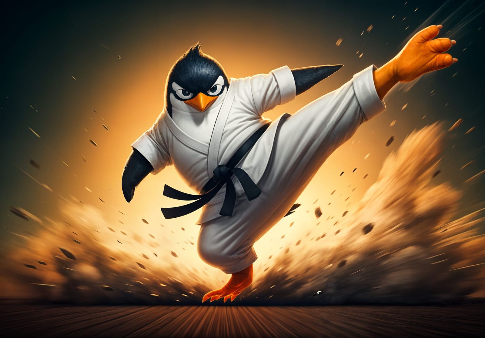 Cartoon Penguin Mid-Air Karate Kick