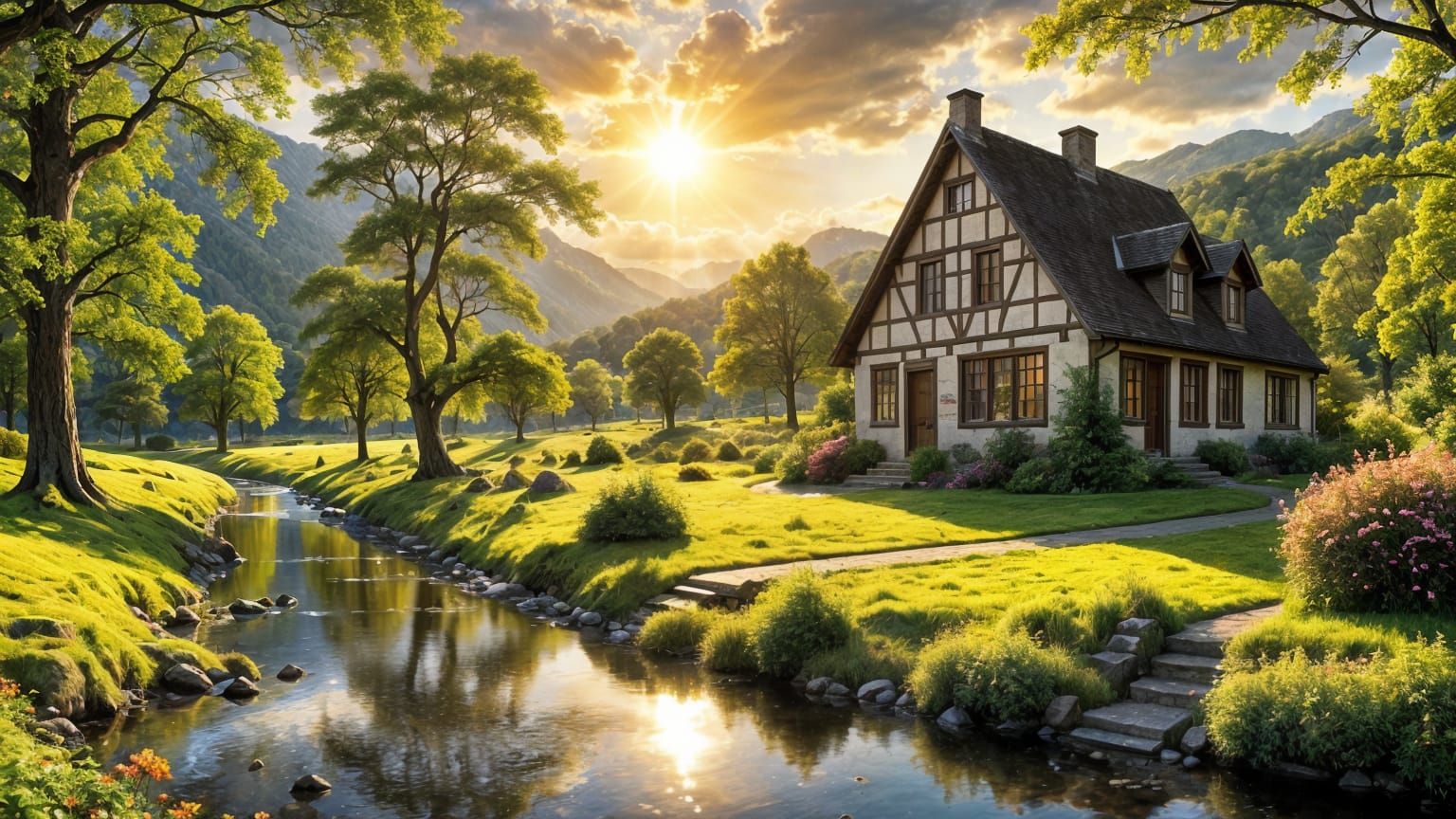 Landscape with Stream in Digital Oil Painting Style