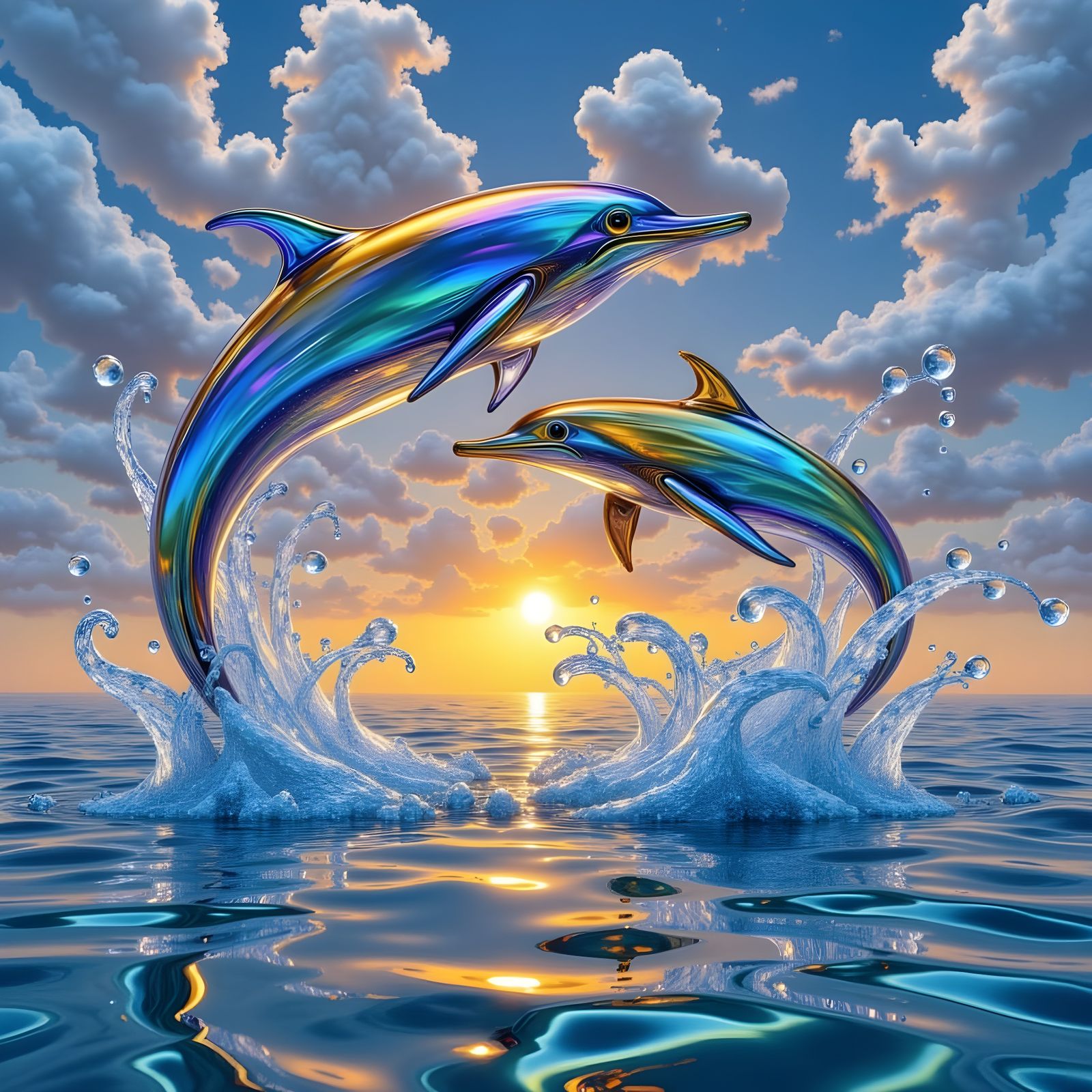 Dolphins Made of Glass Jumping in Sunrise Waves
