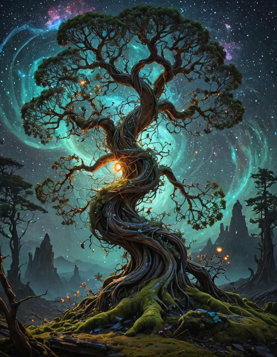 Elegant Mossy Tree Dervish Dancing in Nebula