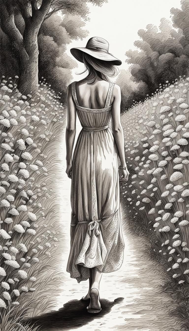 Elegant Woman in Sun Dress: Ink Drawing