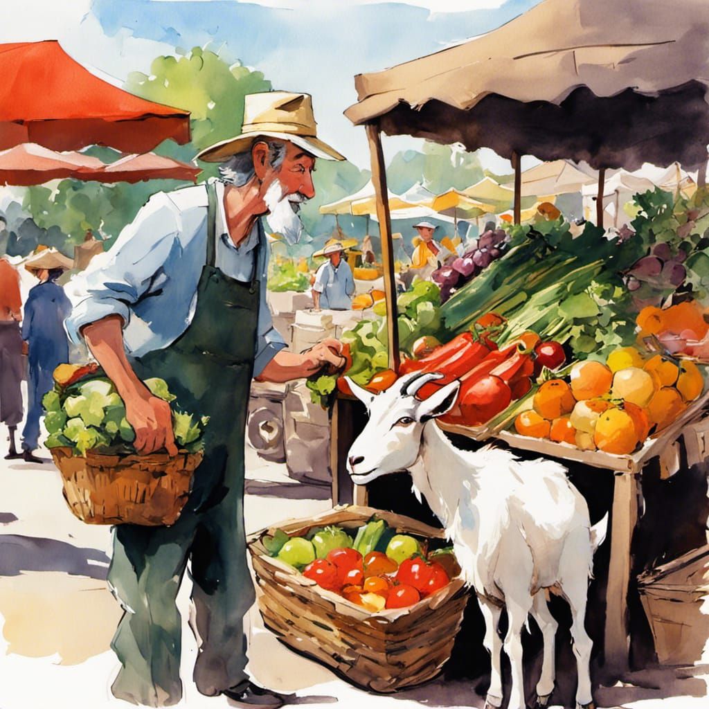 Farmer and Goat at Market: Whimsical Acrylic Illustration
