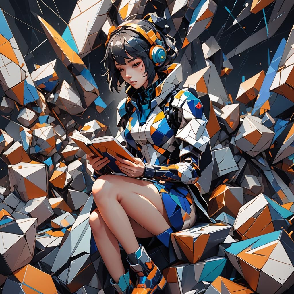 Futuristic Anime Woman Reading Poetry in Cubist Art