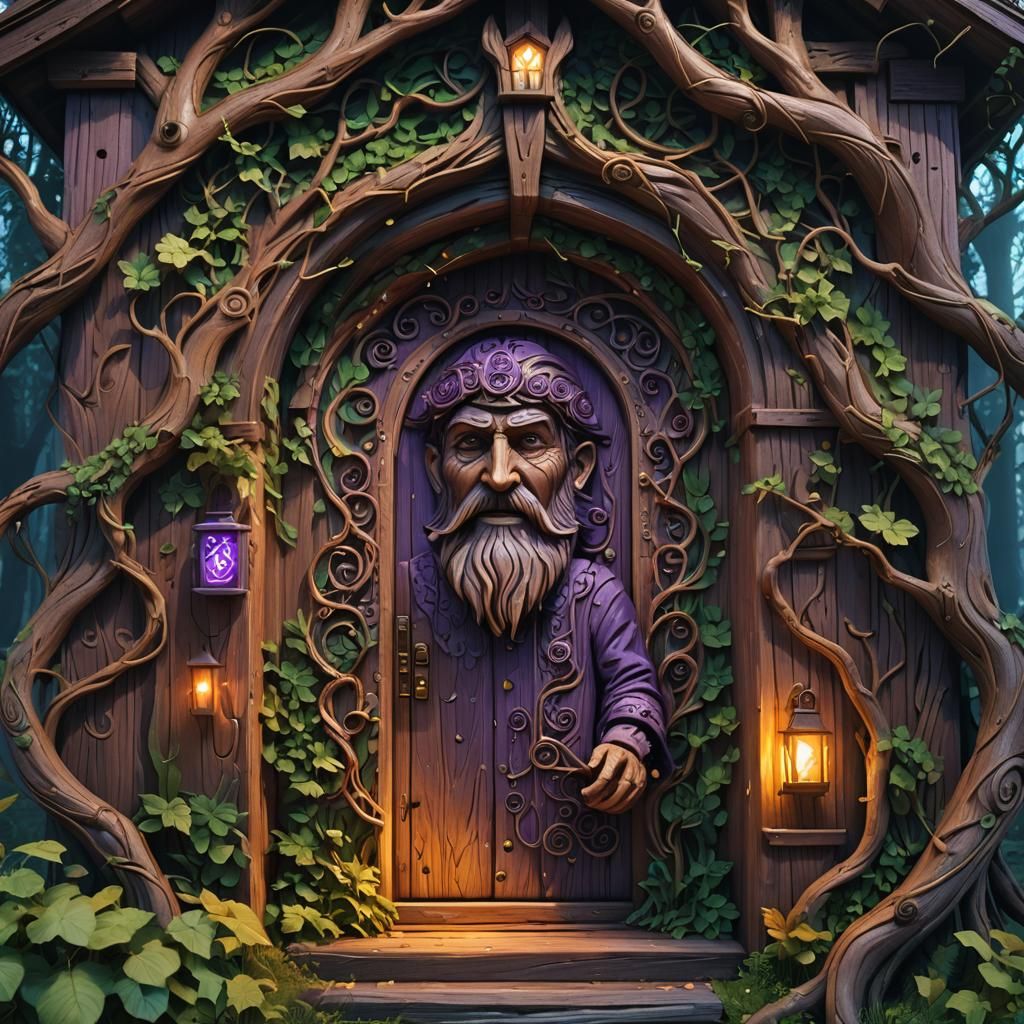 Glowing Runes Surround Woodsman Carving Wooden Mansion