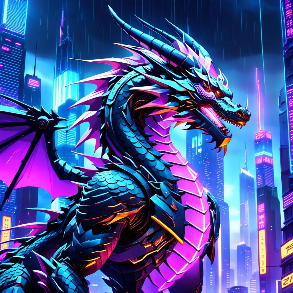 Cybernetic Asian Dragon in Cyberpunk Anime City