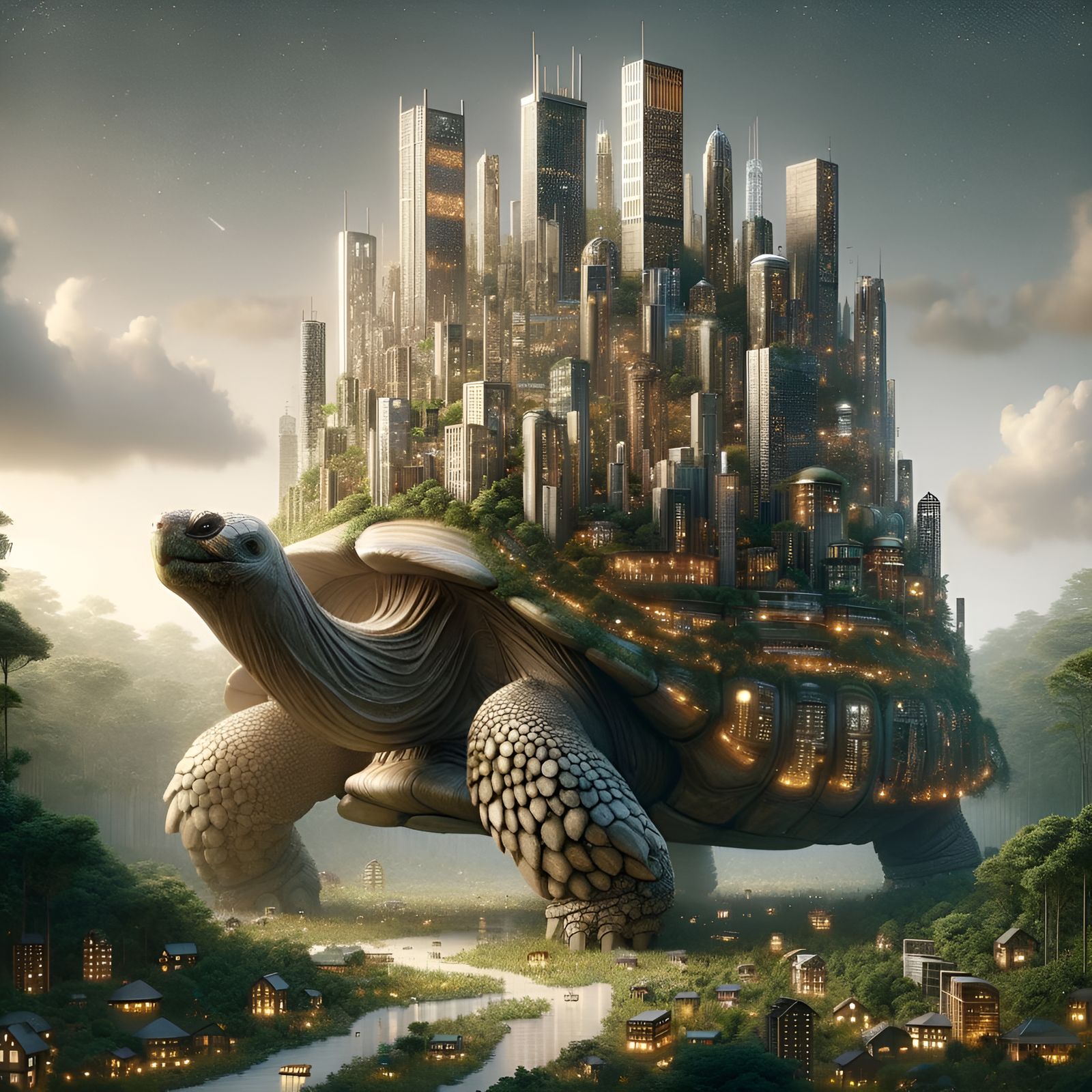 Futuristic City on Giant Tortoise in Urban Jungle