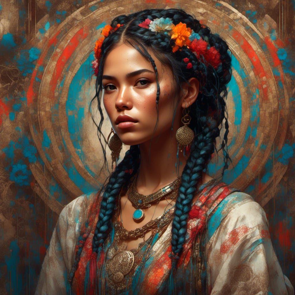 Mexican Braids Portrait in Detailed Digital Art
