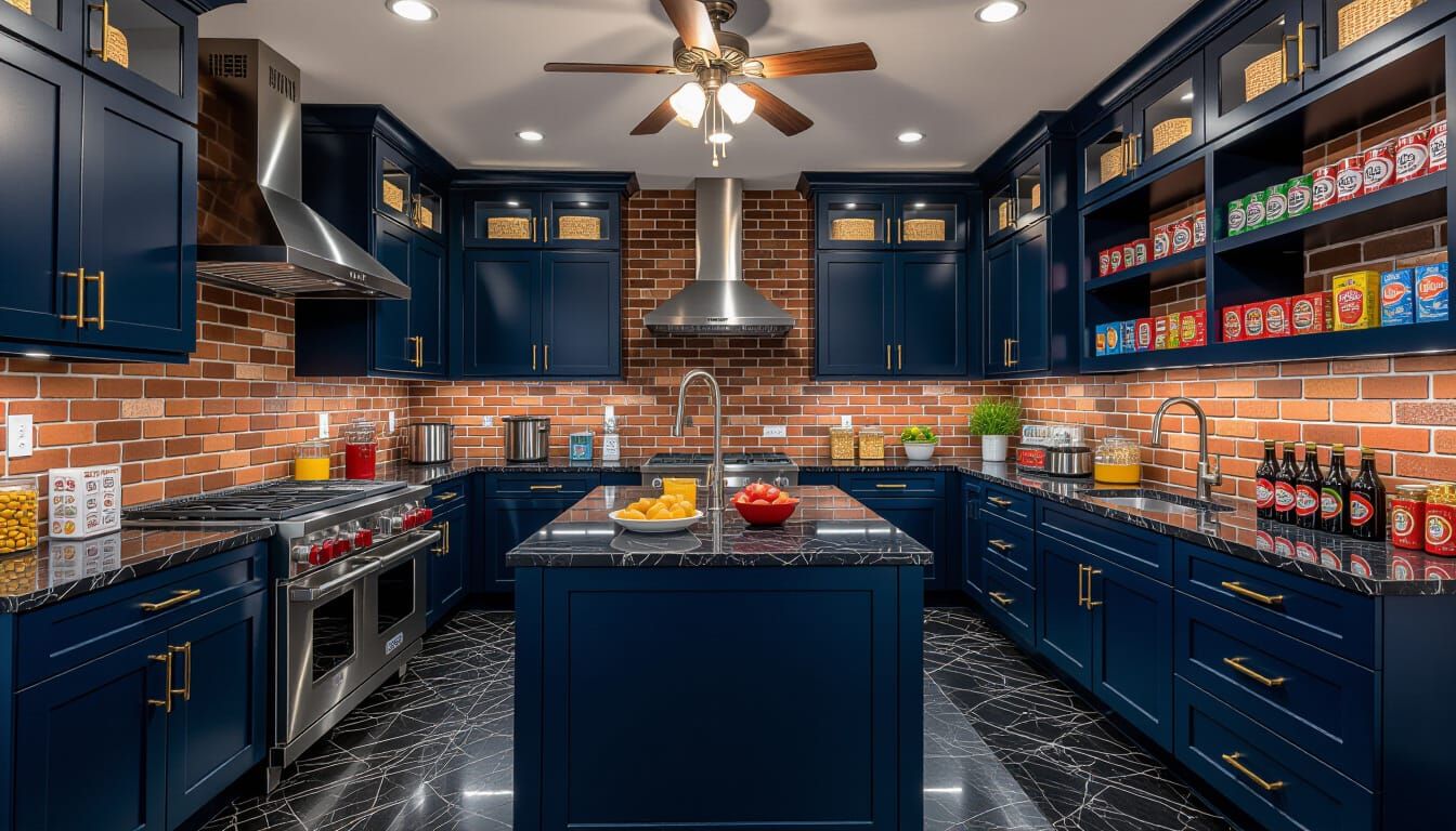 Victorian Storage Room with Dark Blue Cabinets and Brick Wal...