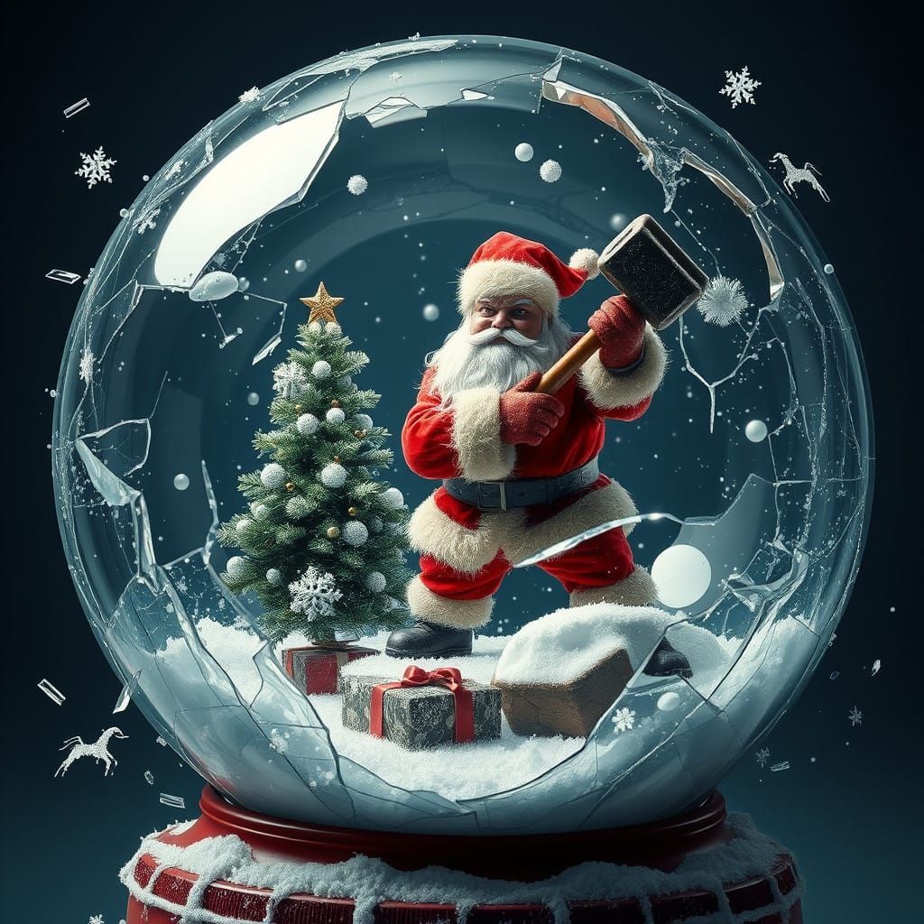 Shattered Snowglobe Winter Wonderland in Cyberpunk Style