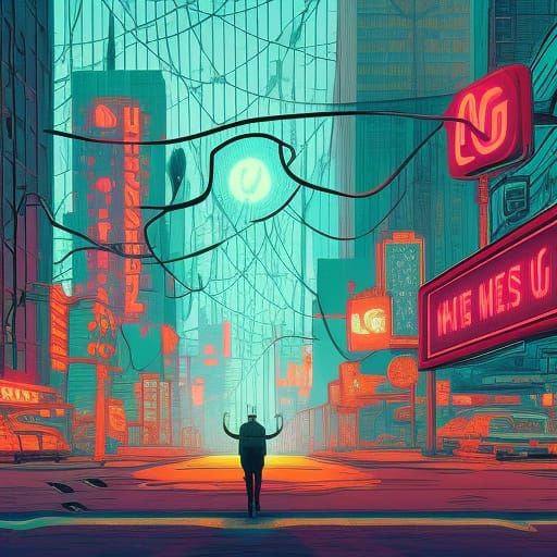 Deer in Abandoned Neon City, Digital Art