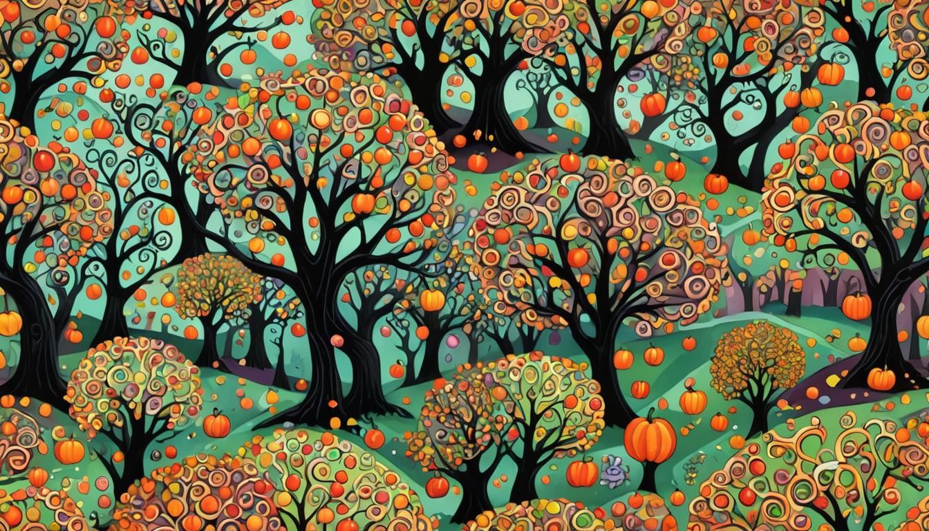 Spooky Candyland Autumn Scene with Caramel Apple Tree