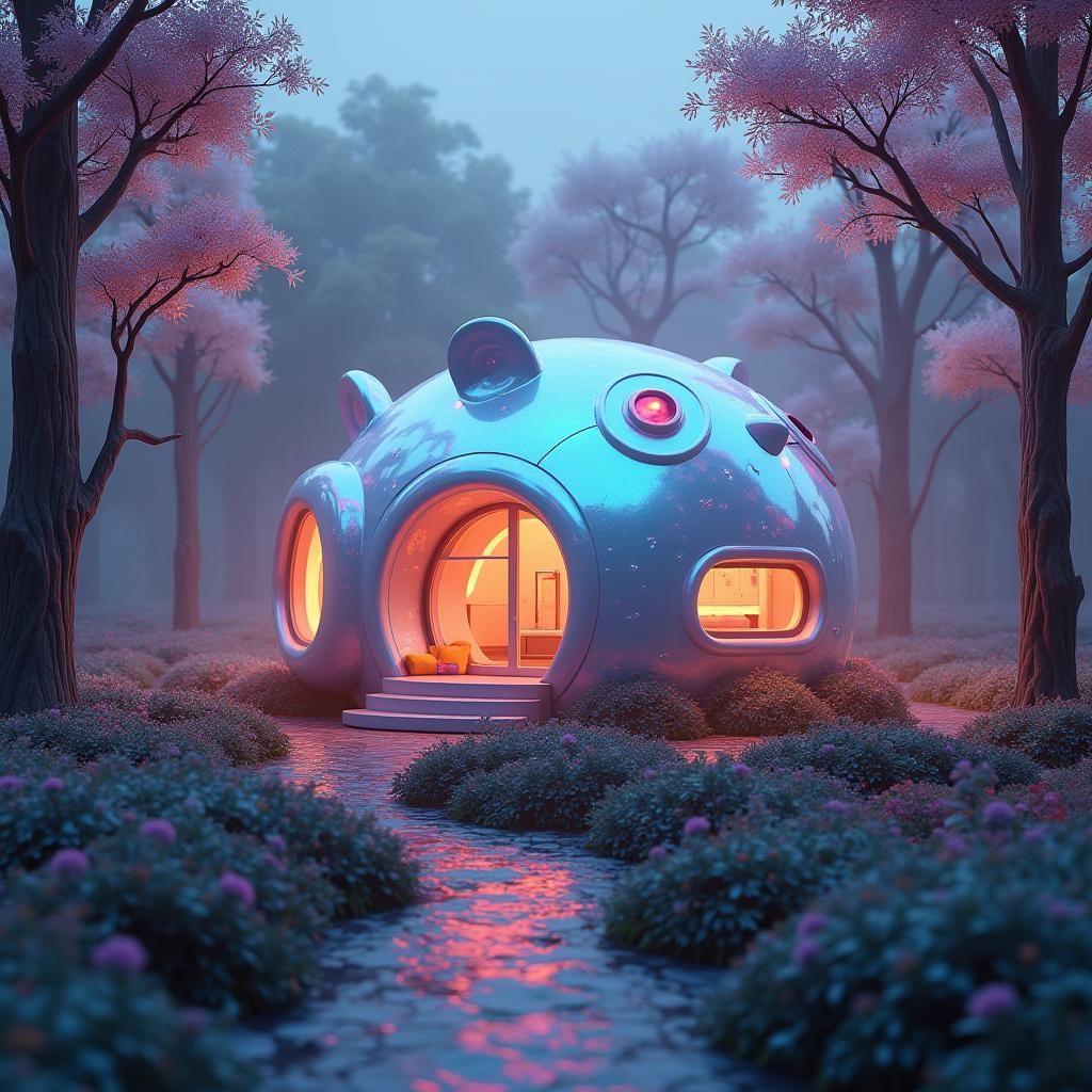 Luminescent Panda House in Iridescent Forest