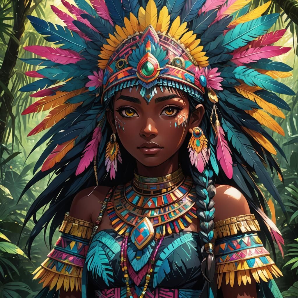 Aztec Anime Girl in Mystical Jungle Art