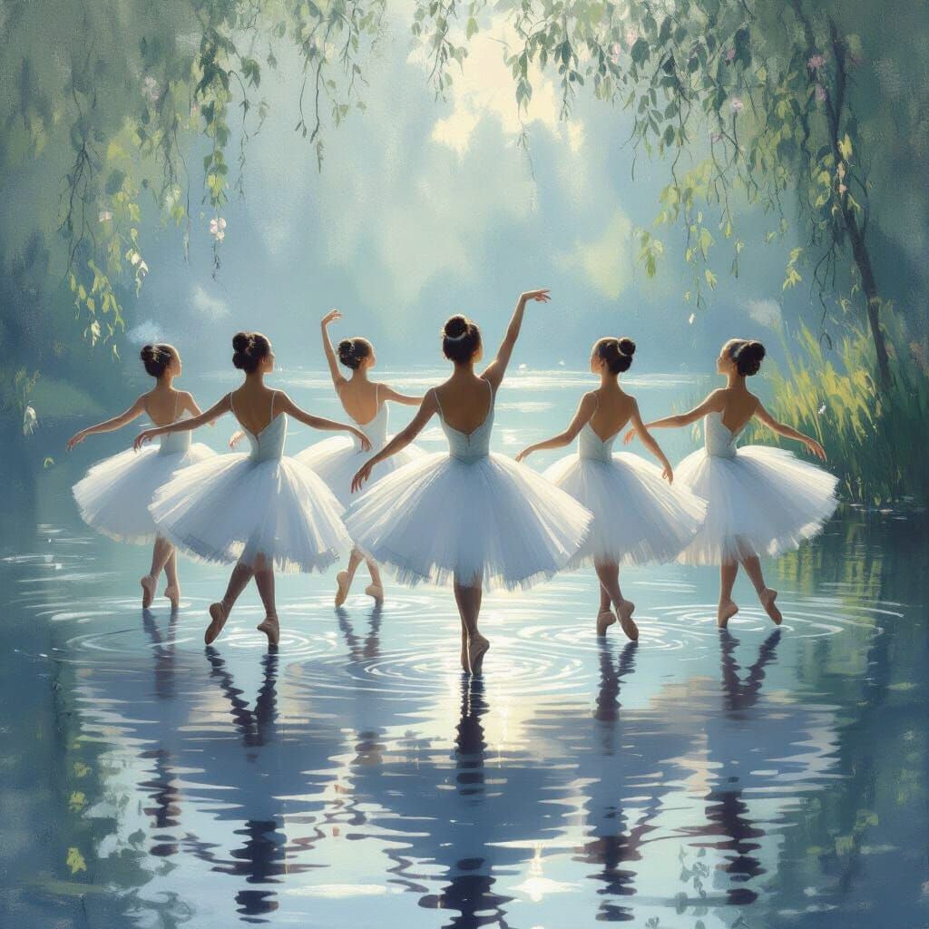 Ballerinas Dancing on Lake in Impressionist Style
