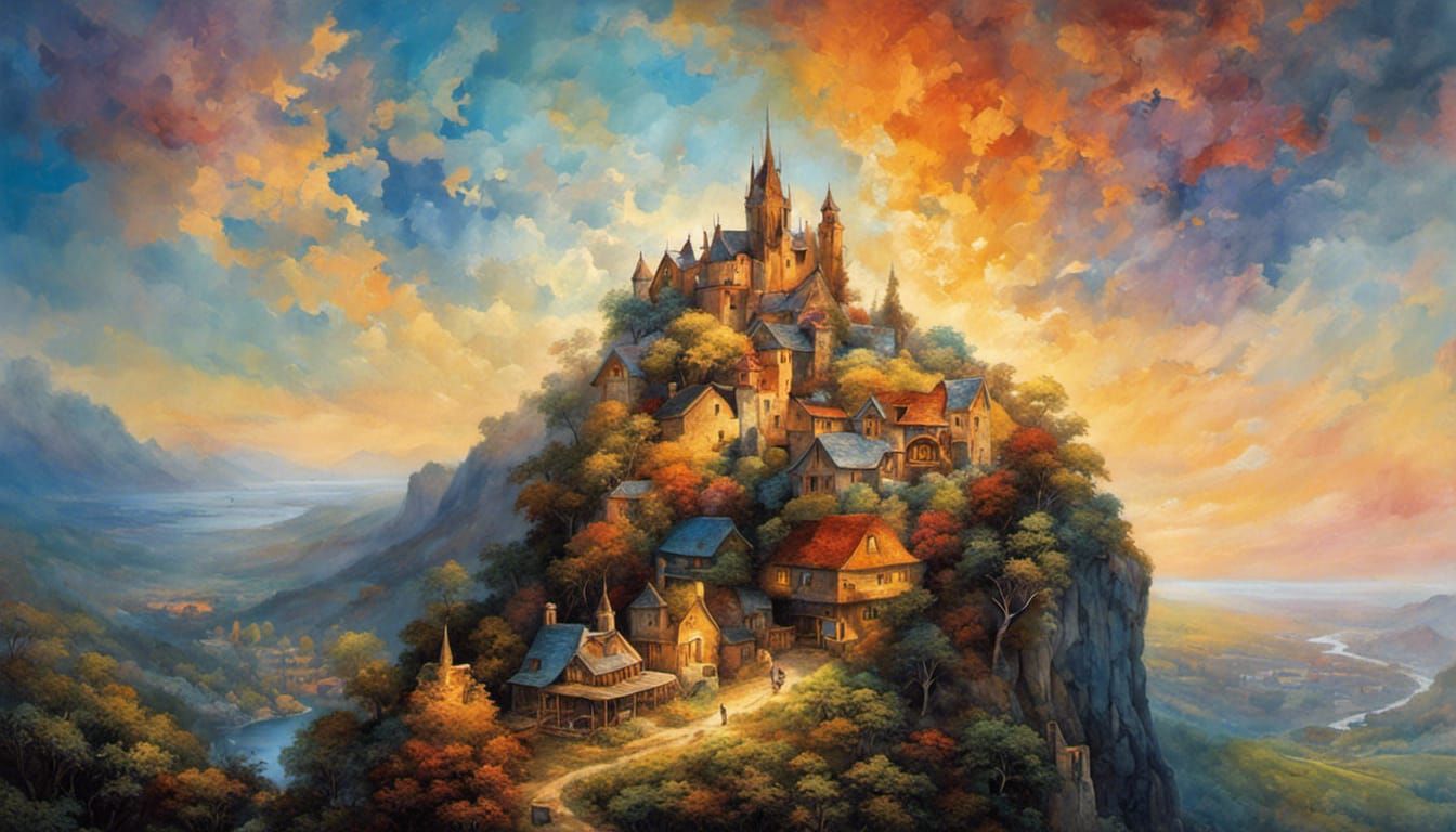 Cliffside Village in Space, Pointillism Fantasy Artwork