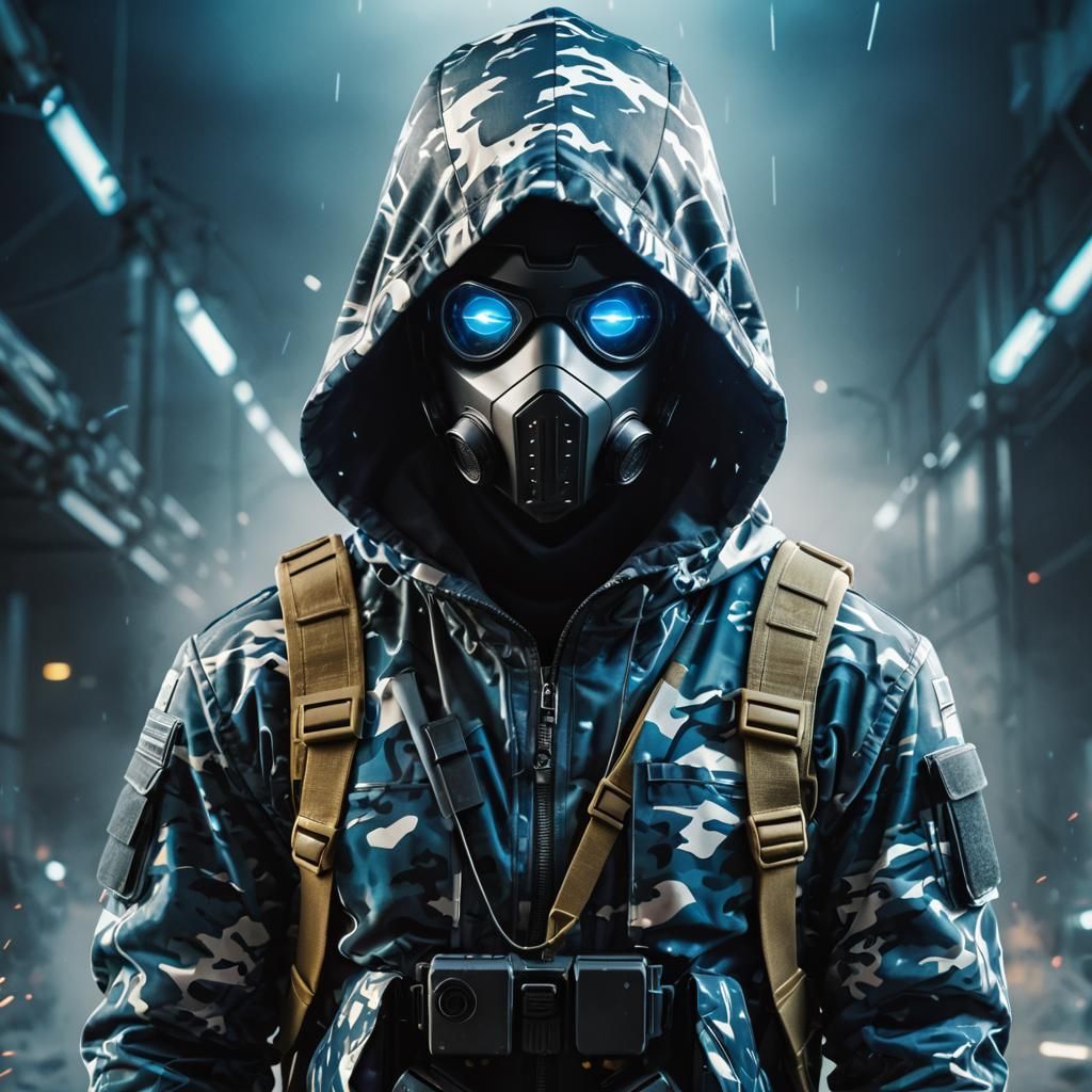 Futuristic Hooded Soldier in Battle, Digital Art