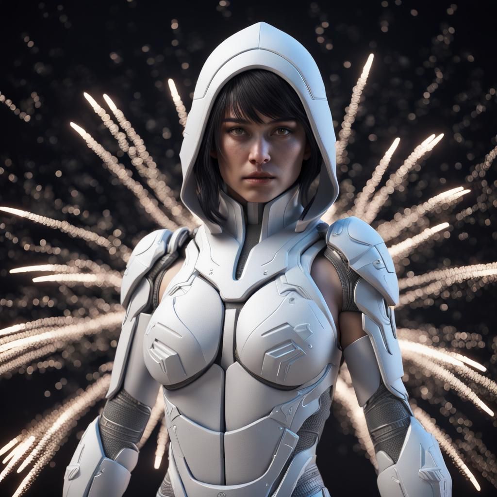 Cyber Ninja with Fireworks in Hyper-Realistic 3D