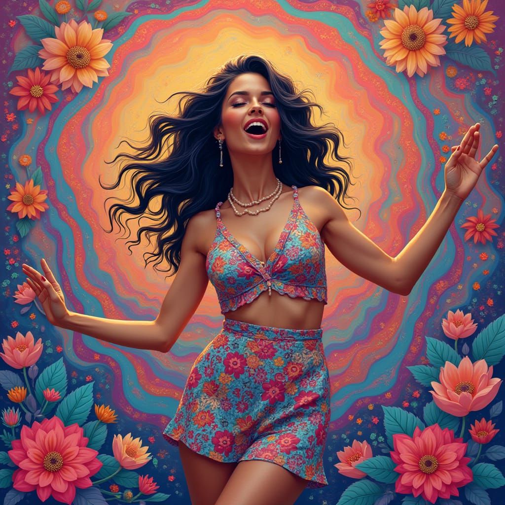 Psychedelic Groovy Girl Dancing in Floral Wonderland
