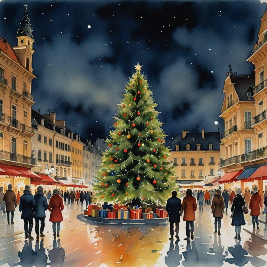 Whimsical Watercolor Christmas Scene