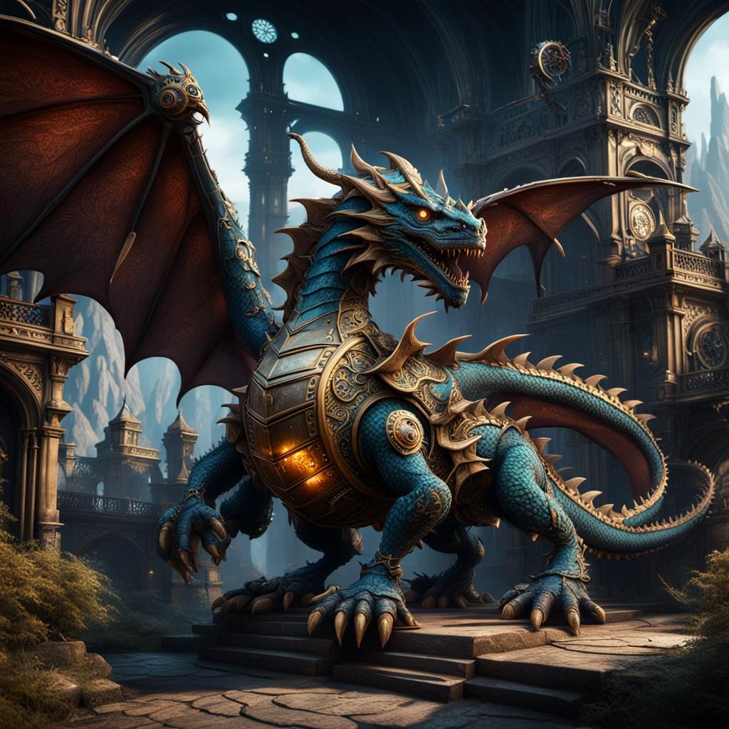 Intricate Clockwork Dragon in Detailed Matte Painting