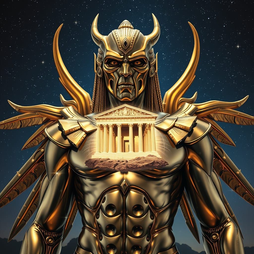 Powerful Titan made of shiny chrome