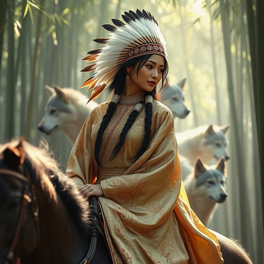 Native American on Horseback with Wolves