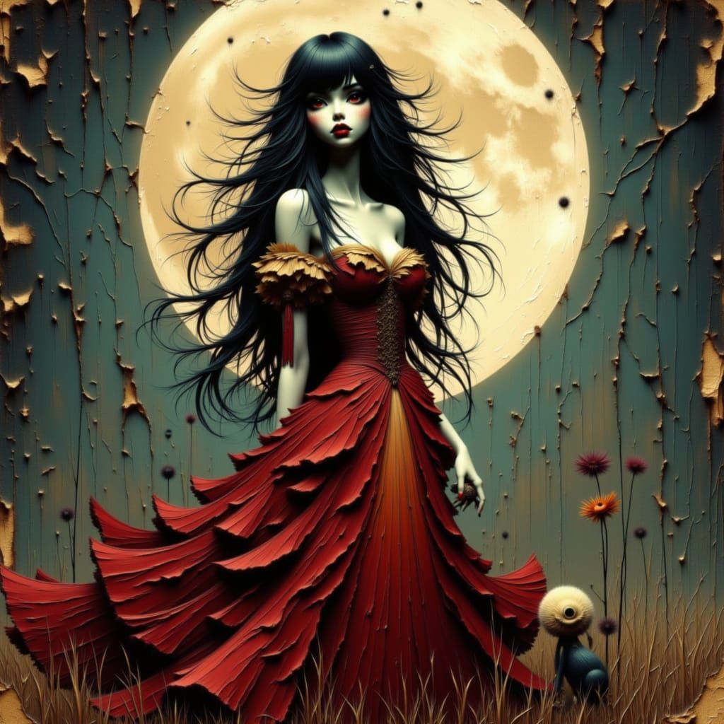 Crimson Gothica Doll Under Luminous Moon