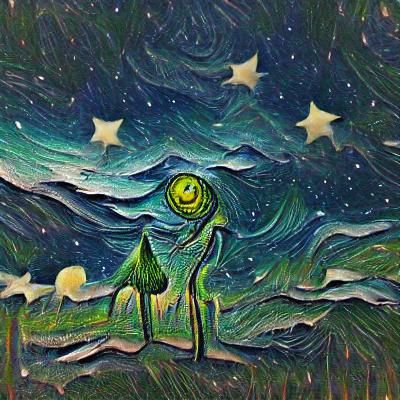 Green Alien Gazing at Starry Night Sky