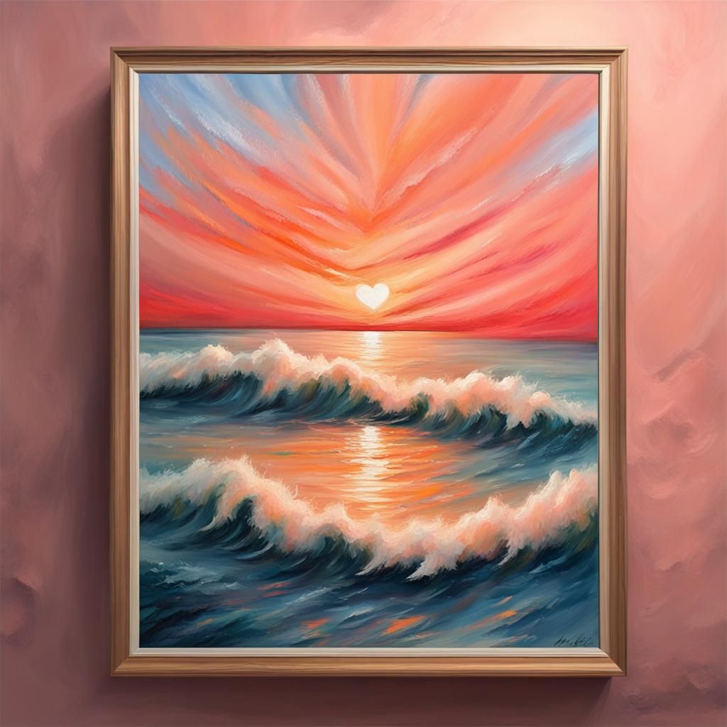 Peach Fuzz Gouache Painting of Stormy Heart Sea