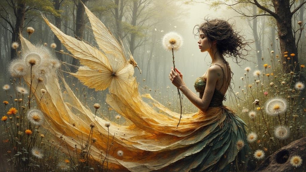 Surreal Fairy Blowing Dandelion in Abstract Realism