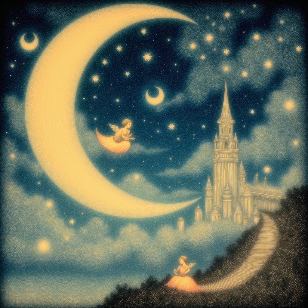 Ukiyo-e Good Night Wish with Cherubs and Stars