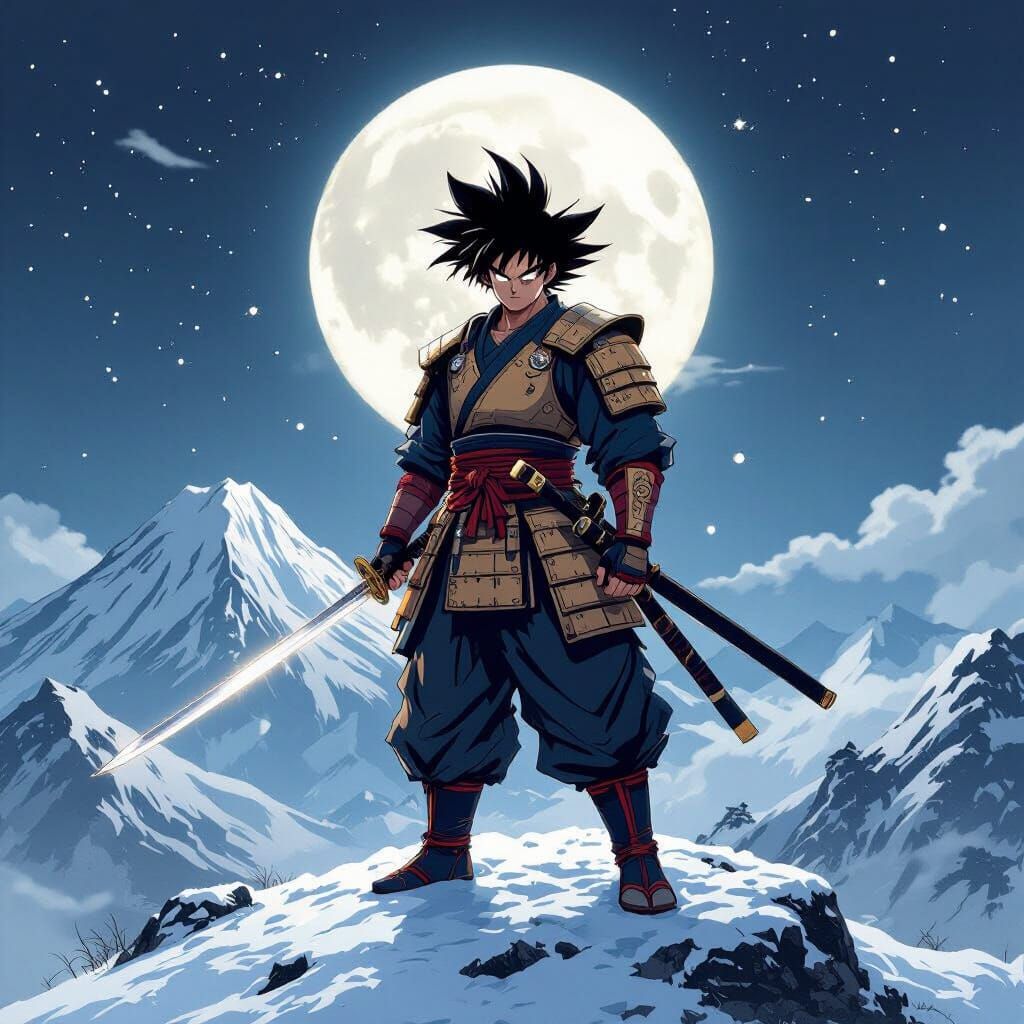 Saiyan Samurai on Snowy Peak, Ink Wash Style