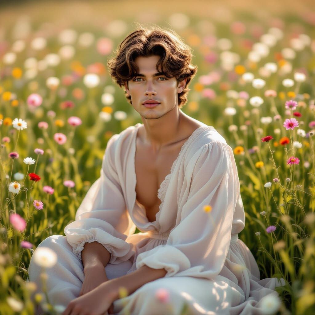 Young Man in Pastel Dress in Wildflower Field
