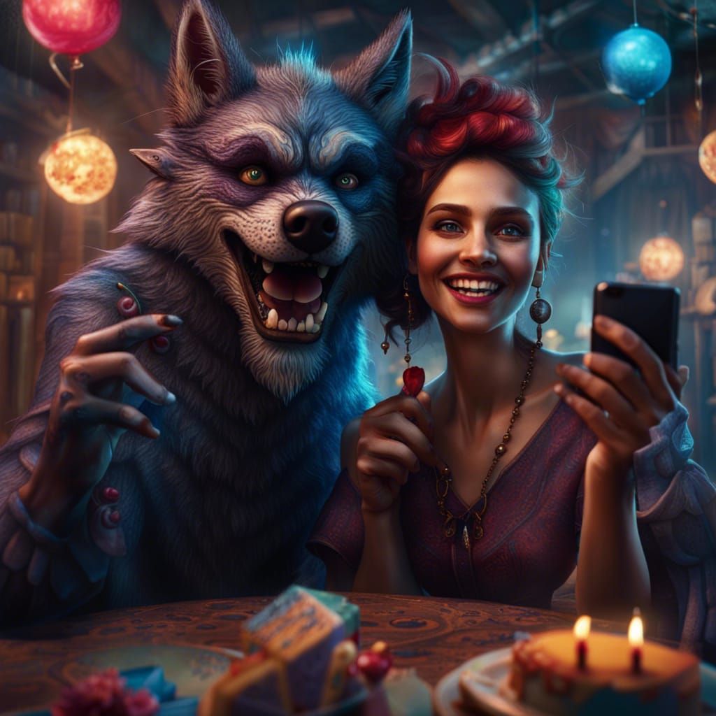 Woman and Werewolf Selfie at Birthday Party