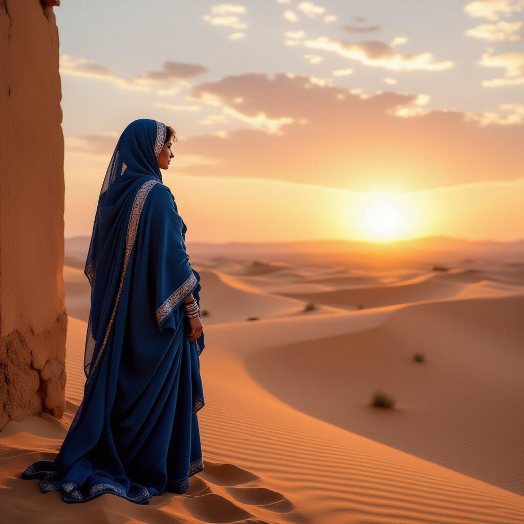 Sahara Oasis Sunrise: Berber Woman in Indigo Robes