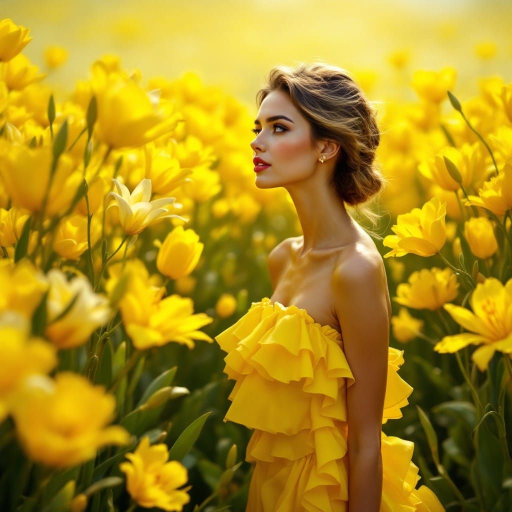 Woman in Yellow Dress in Field of Flowers