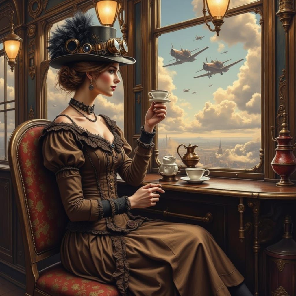 Steampunk Woman in Victorian Dress on Ornate Train