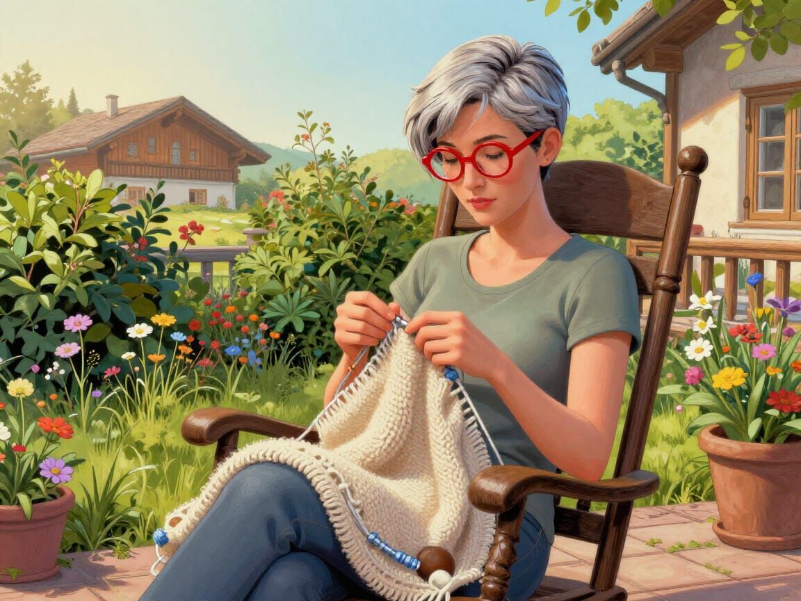 Woman Knitting on Terrace in Garden Airbrush Art