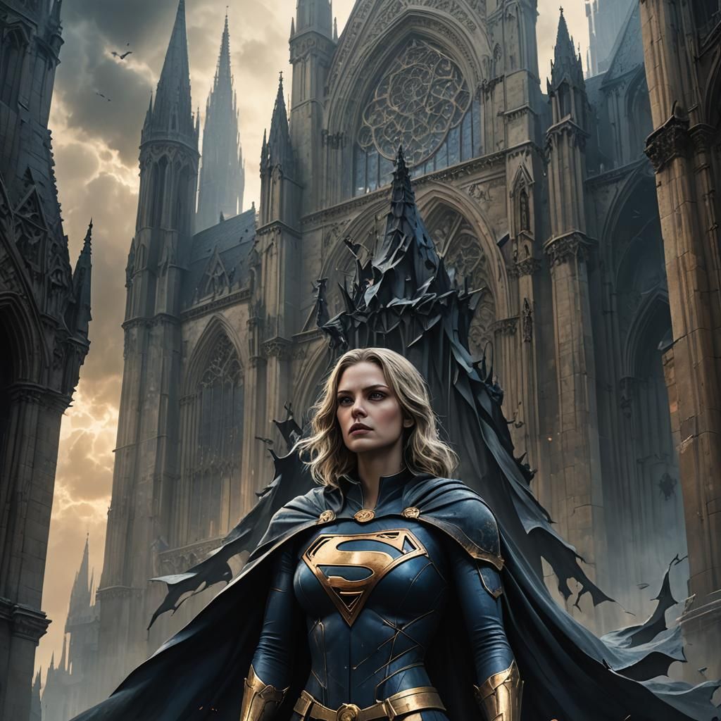 Brooding Supergirl Atop Gothic Cathedral