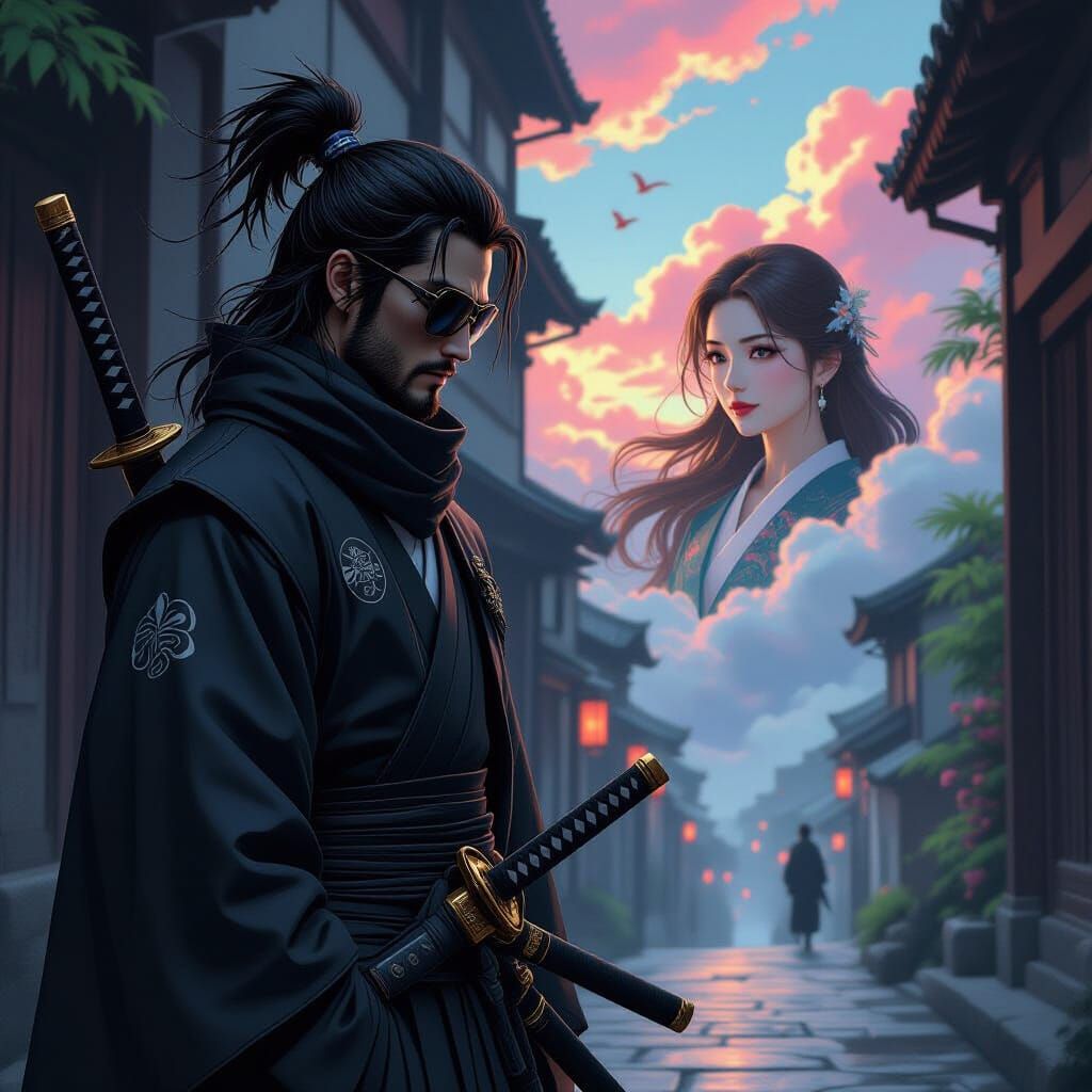 Lone Samurai Gazes at Vibrant Paradise in Gothic Noir Style