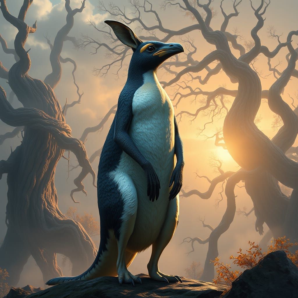 Majestic Kangaroo-Penguin Hybrid in Dreamlike, Ancient Lands...
