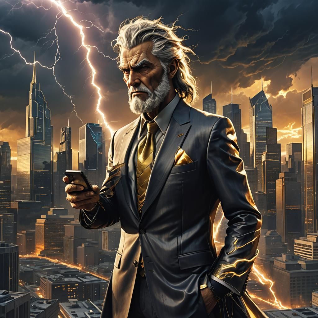 Zeus in a Suit with Smartphone, Digital Art
